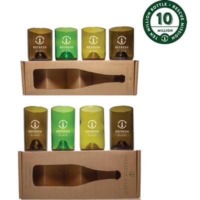 4 Pack Of 12oz Glasses & 4 Pack Of 16oz Glasses Both Made From Rescued Wine Bottles