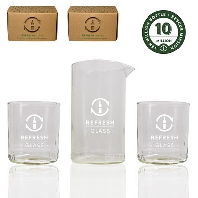 Clear 7" tall mixing pitcher and 2 drinking glasses made from rescued bottles